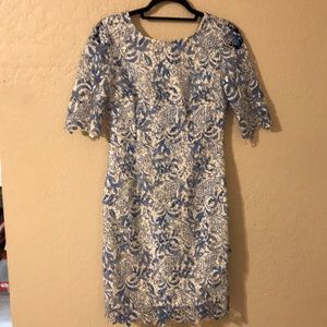 Antonio Melani size 2 sheath dress. Blue and white lace.